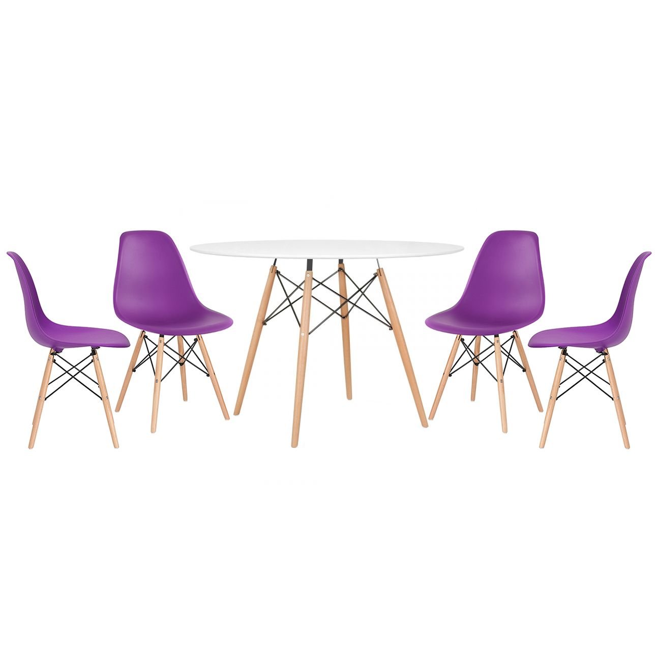 Mesa redonda Eames 120 cm branco + 4 cadeiras Eiffel DSW Roxo