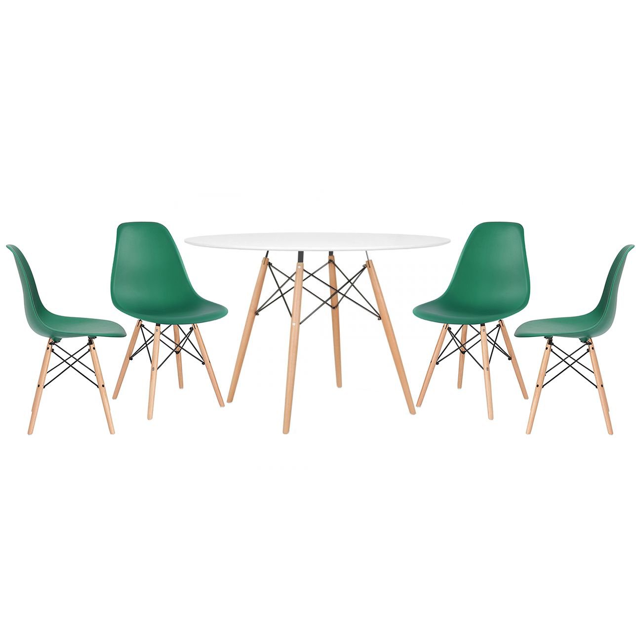 Mesa redonda Eames 120 cm branco + 4 cadeiras Eiffel DSW Verde escuro