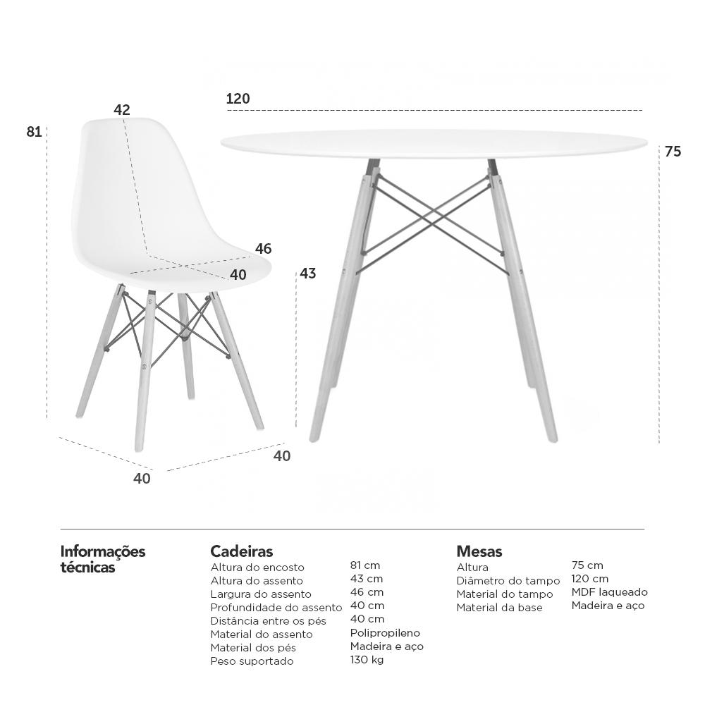 Mesa redonda Eames 120 cm branco + 6 cadeiras Eiffel DSW Azul claro