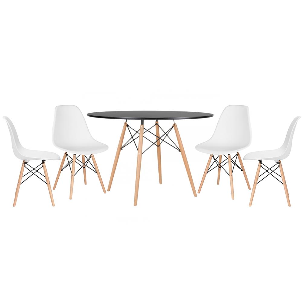 Mesa redonda Eames 120 cm preto + 4 cadeiras Eiffel DSW Branco