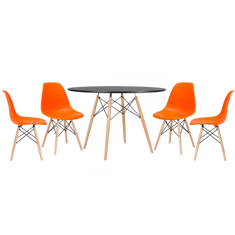 Mesa redonda Eames 120 cm preto + 4 cadeiras Eiffel DSW Laranja