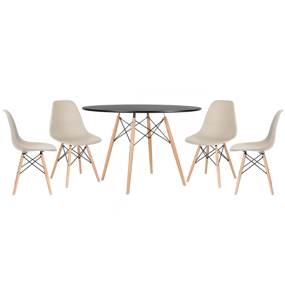 Mesa redonda Eames 120 cm preto + 4 cadeiras Eiffel DSW Nude