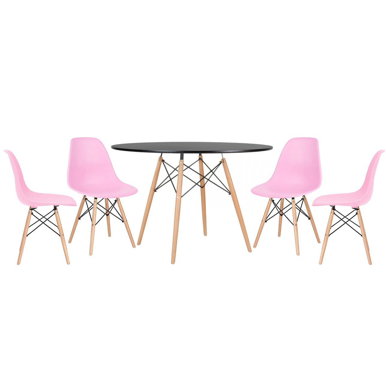Mesa redonda Eames 120 cm preto + 4 cadeiras Eiffel DSW Rosa claro