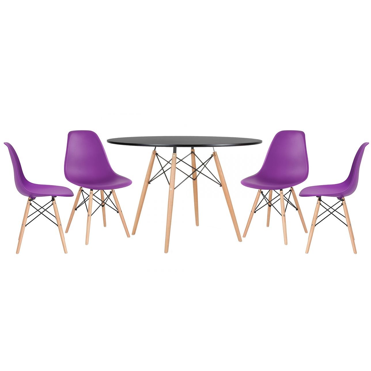 Mesa redonda Eames 120 cm preto + 4 cadeiras Eiffel DSW Roxo