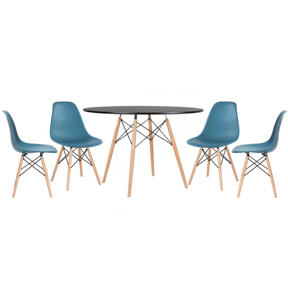 Mesa redonda Eames 120 cm preto + 4 cadeiras Eiffel DSW Turquesa