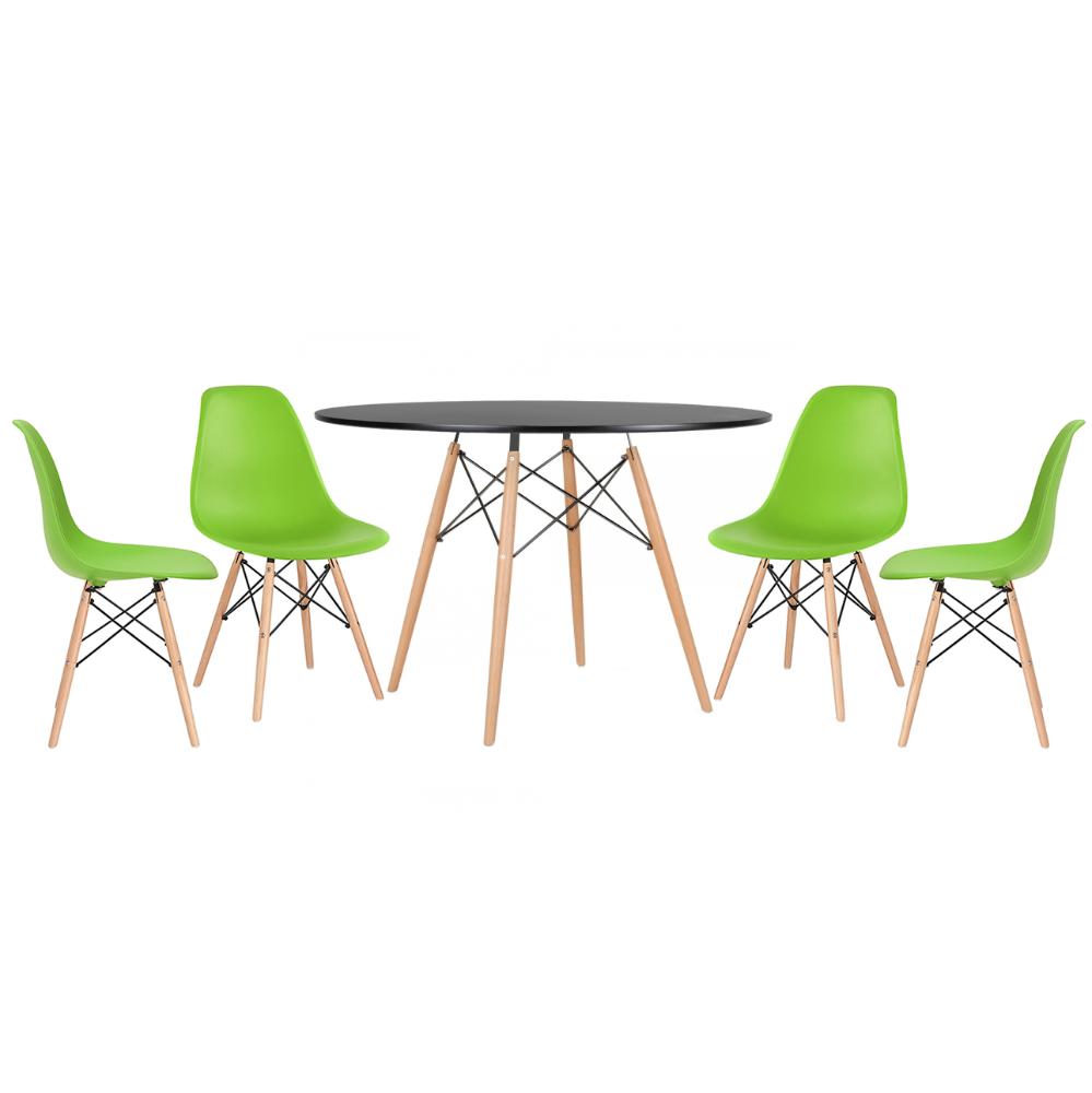 Mesa redonda Eames 120 cm preto + 4 cadeiras Eiffel DSW Verde claro