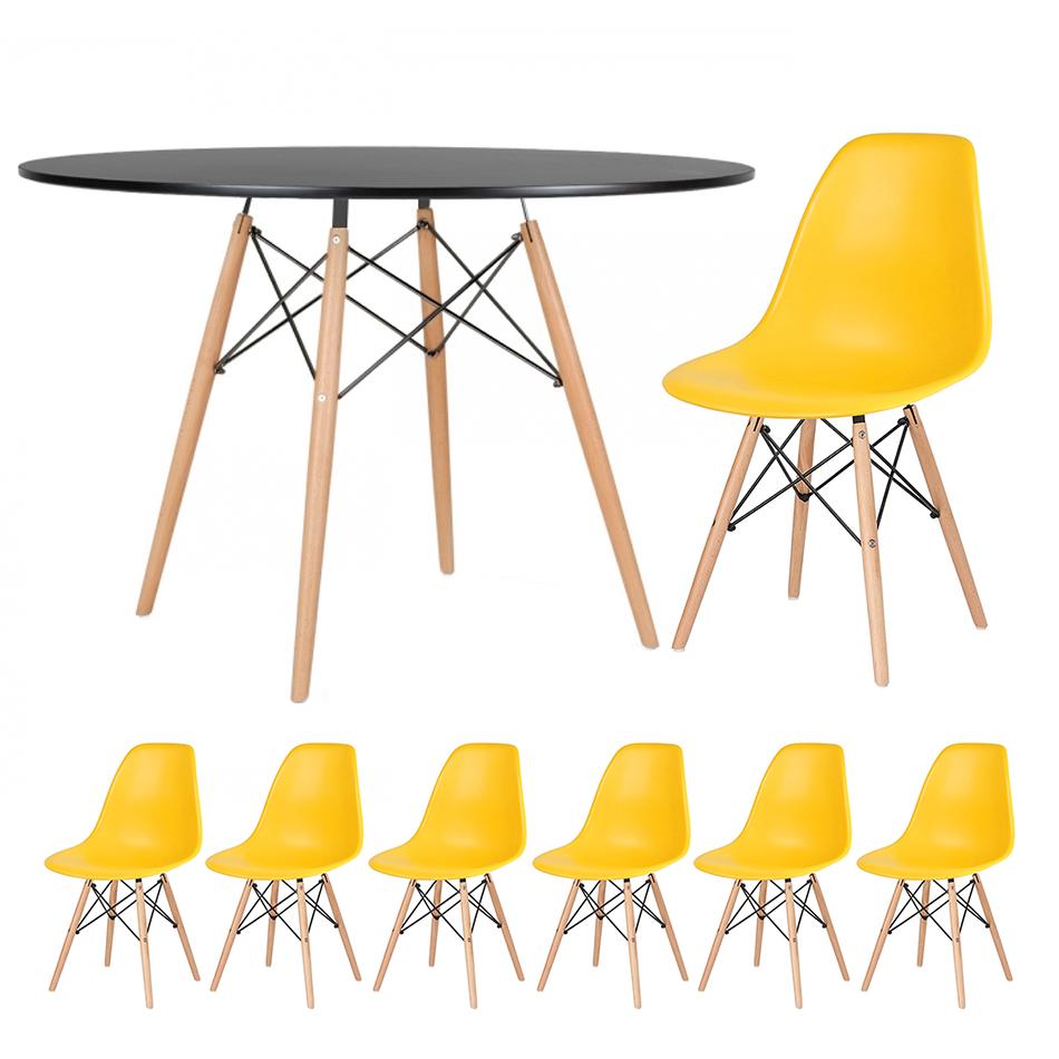 Mesa redonda Eames 120 cm preto + 6 cadeiras Eiffel DSW Amarelo