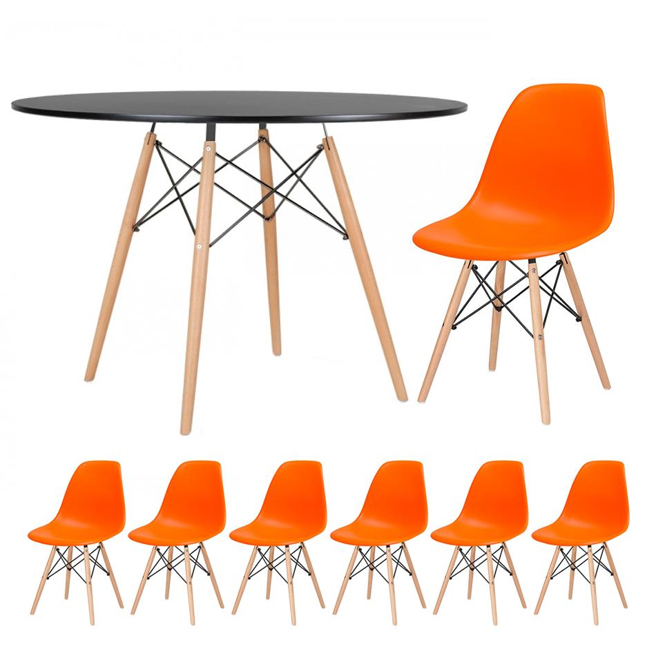 Mesa redonda Eames 120 cm preto + 6 cadeiras Eiffel DSW Laranja