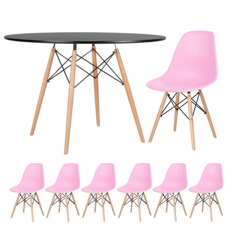 Mesa redonda Eames 120 cm preto + 6 cadeiras Eiffel DSW Rosa claro