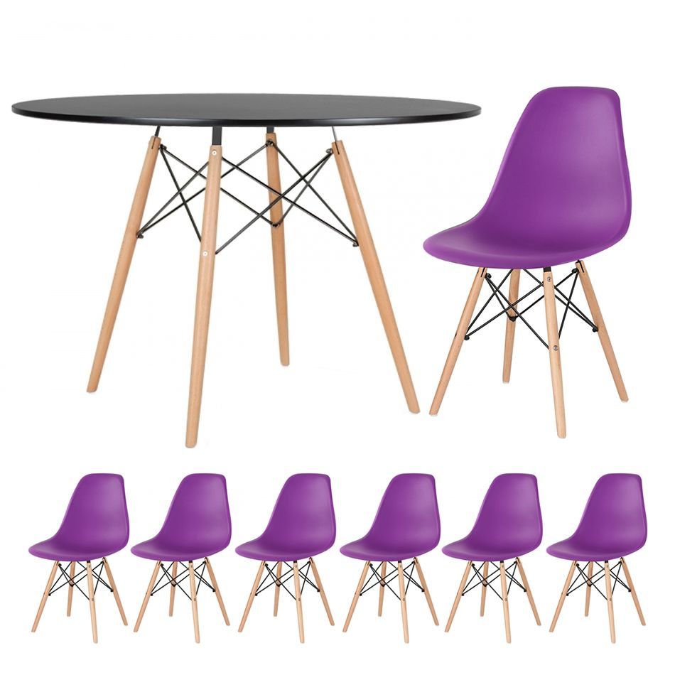 Mesa redonda Eames 120 cm preto + 6 cadeiras Eiffel DSW Roxo