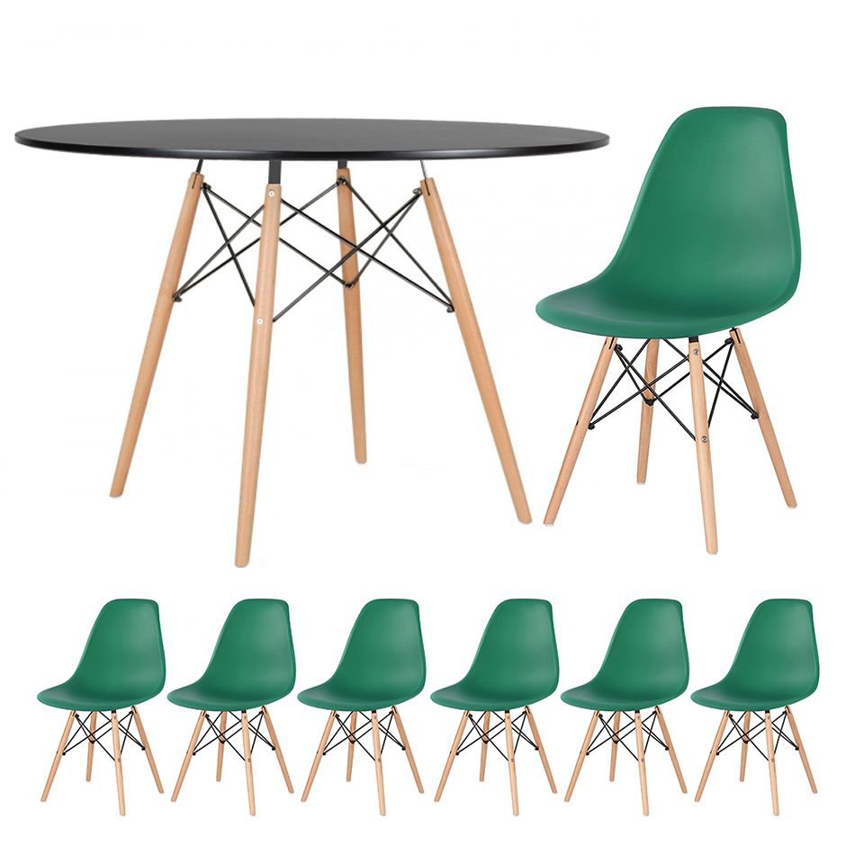 Mesa redonda Eames 120 cm preto + 6 cadeiras Eiffel DSW Verde escuro