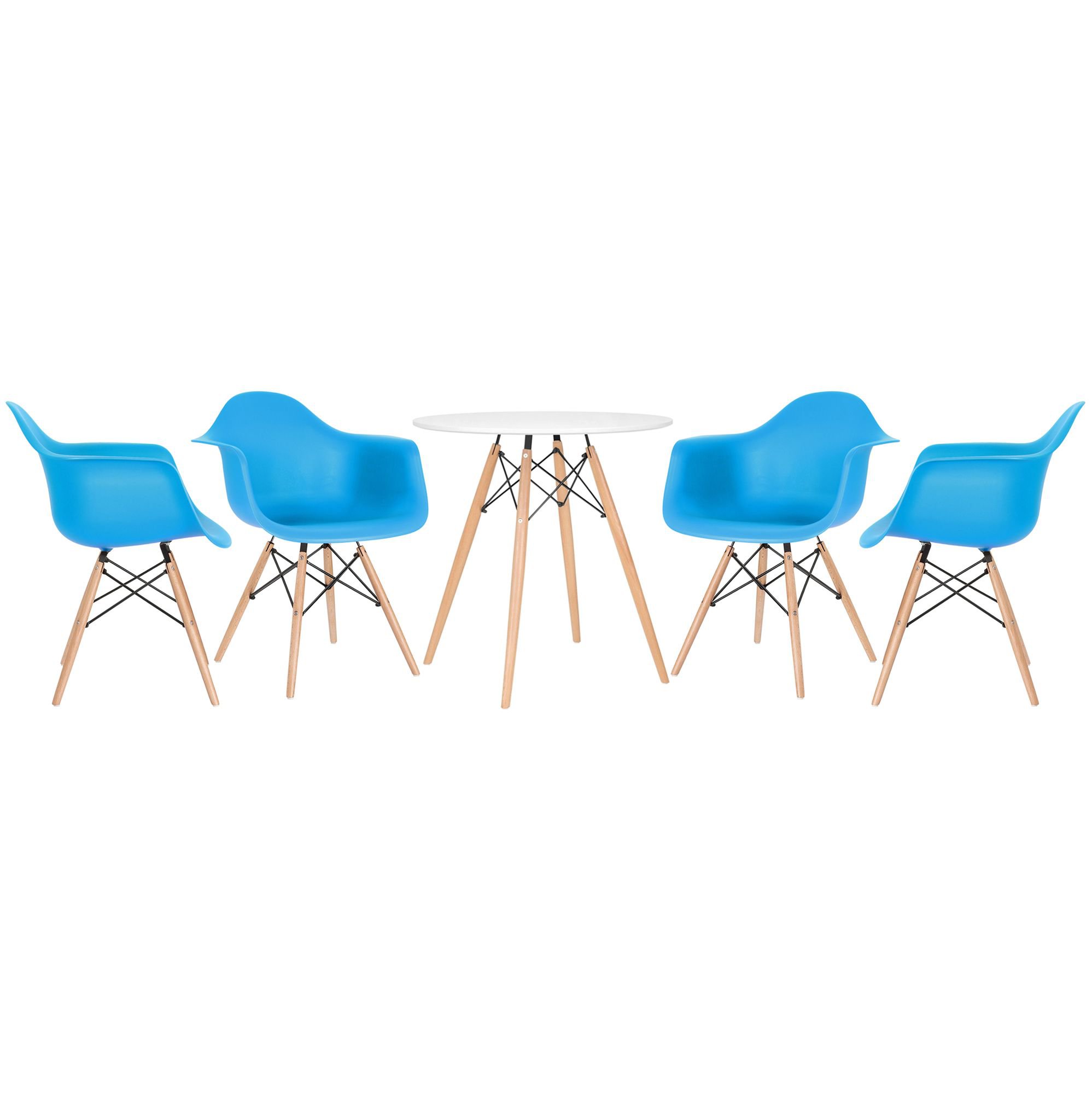 Mesa redonda Eames 70 cm + 4 cadeiras Eiffel DAW Mesa branco com cadeiras azul céu