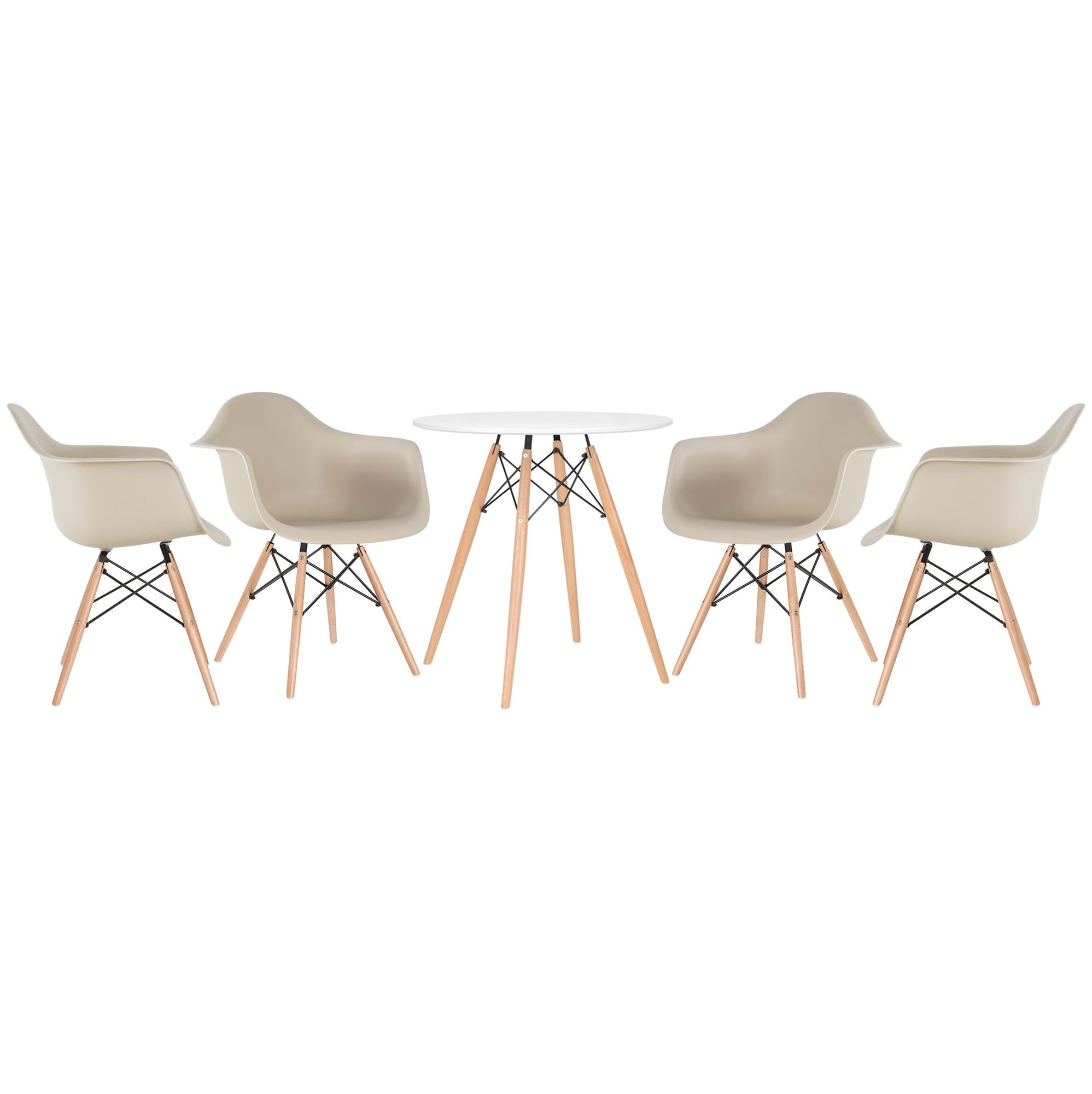 Mesa redonda Eames 70 cm + 4 cadeiras Eiffel DAW Mesa branco com cadeiras nude