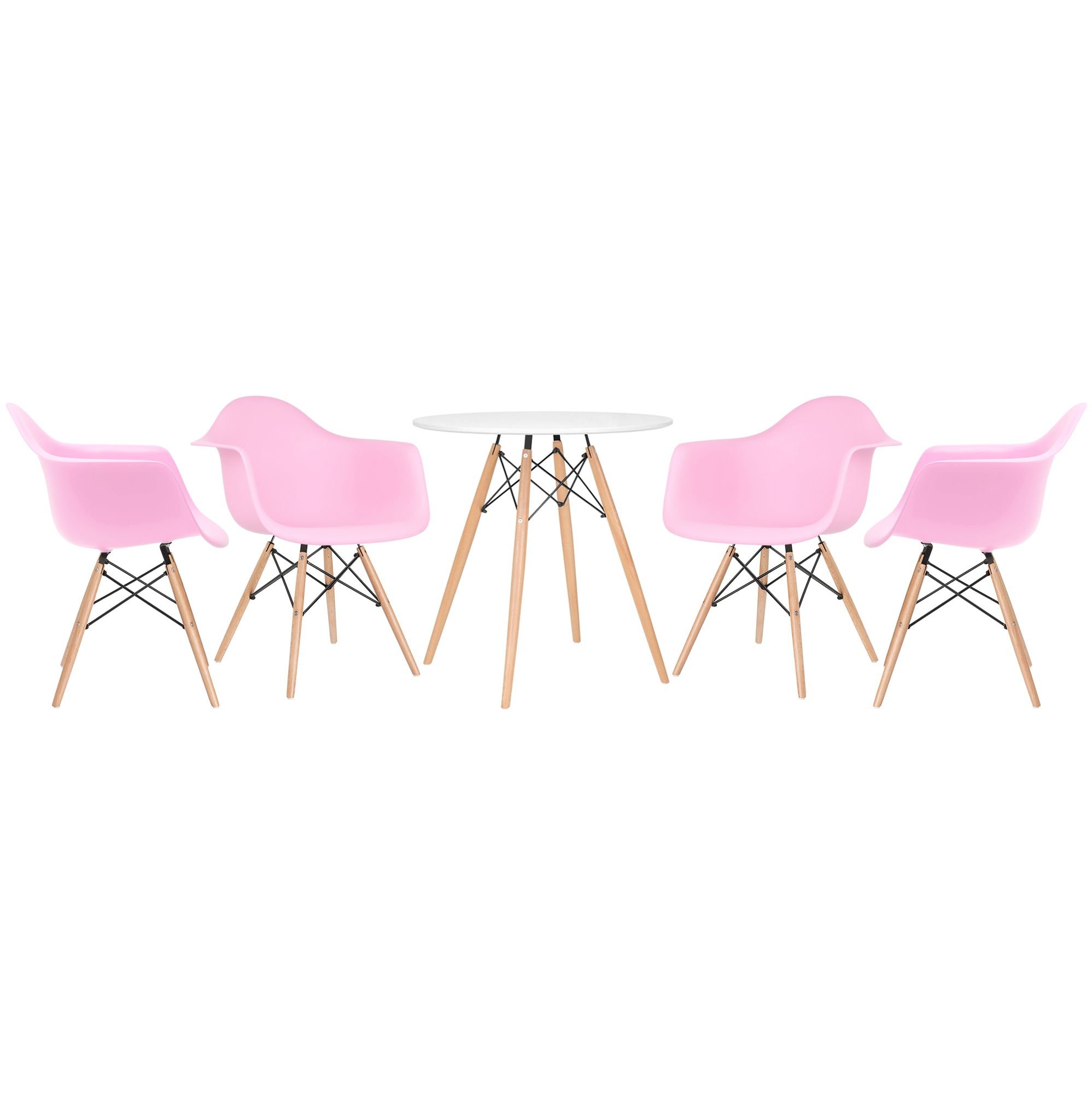 Mesa redonda Eames 70 cm + 4 cadeiras Eiffel DAW Mesa branco com cadeiras rosa claro