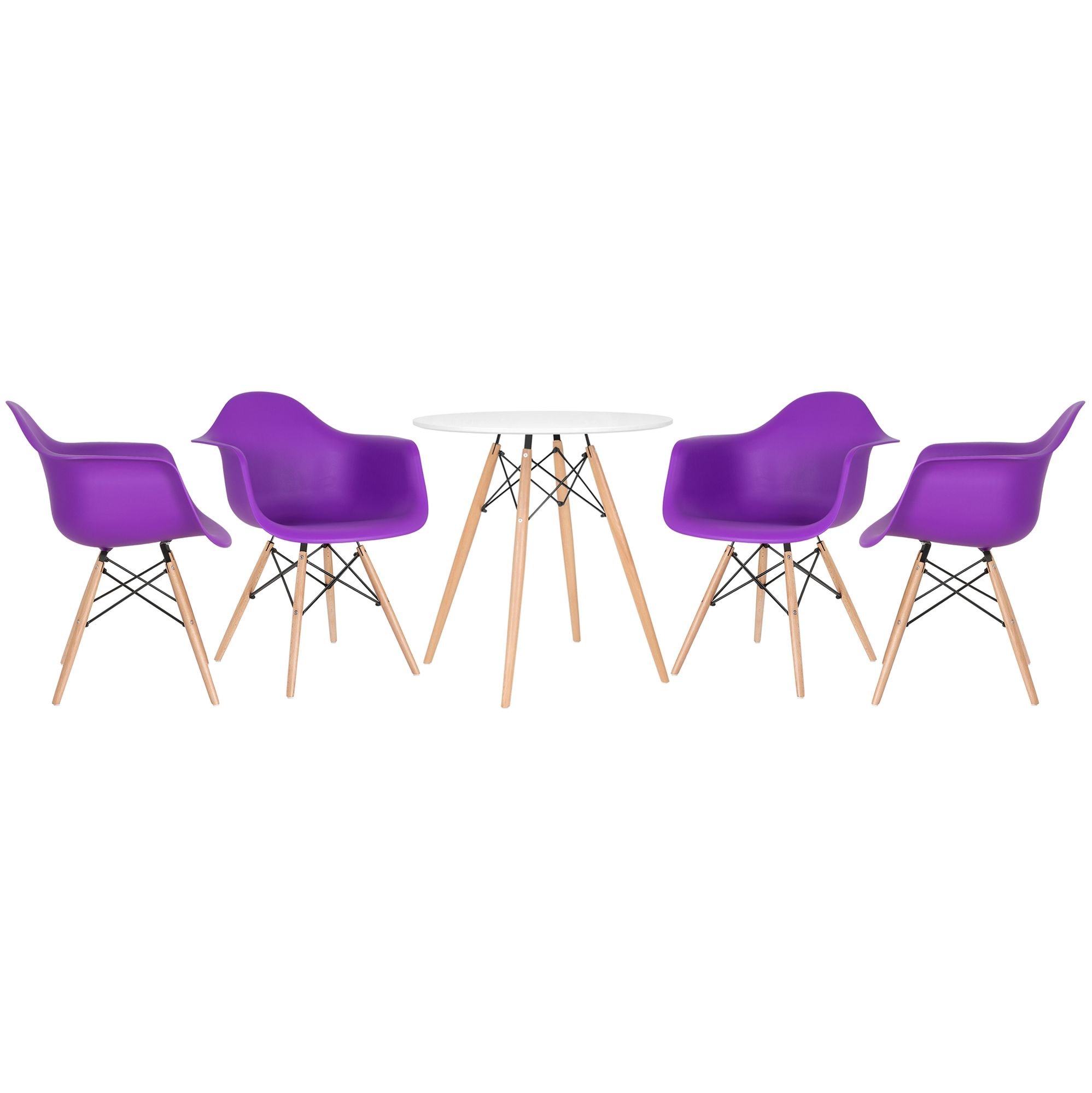Mesa redonda Eames 70 cm + 4 cadeiras Eiffel DAW Mesa branco com cadeiras roxo