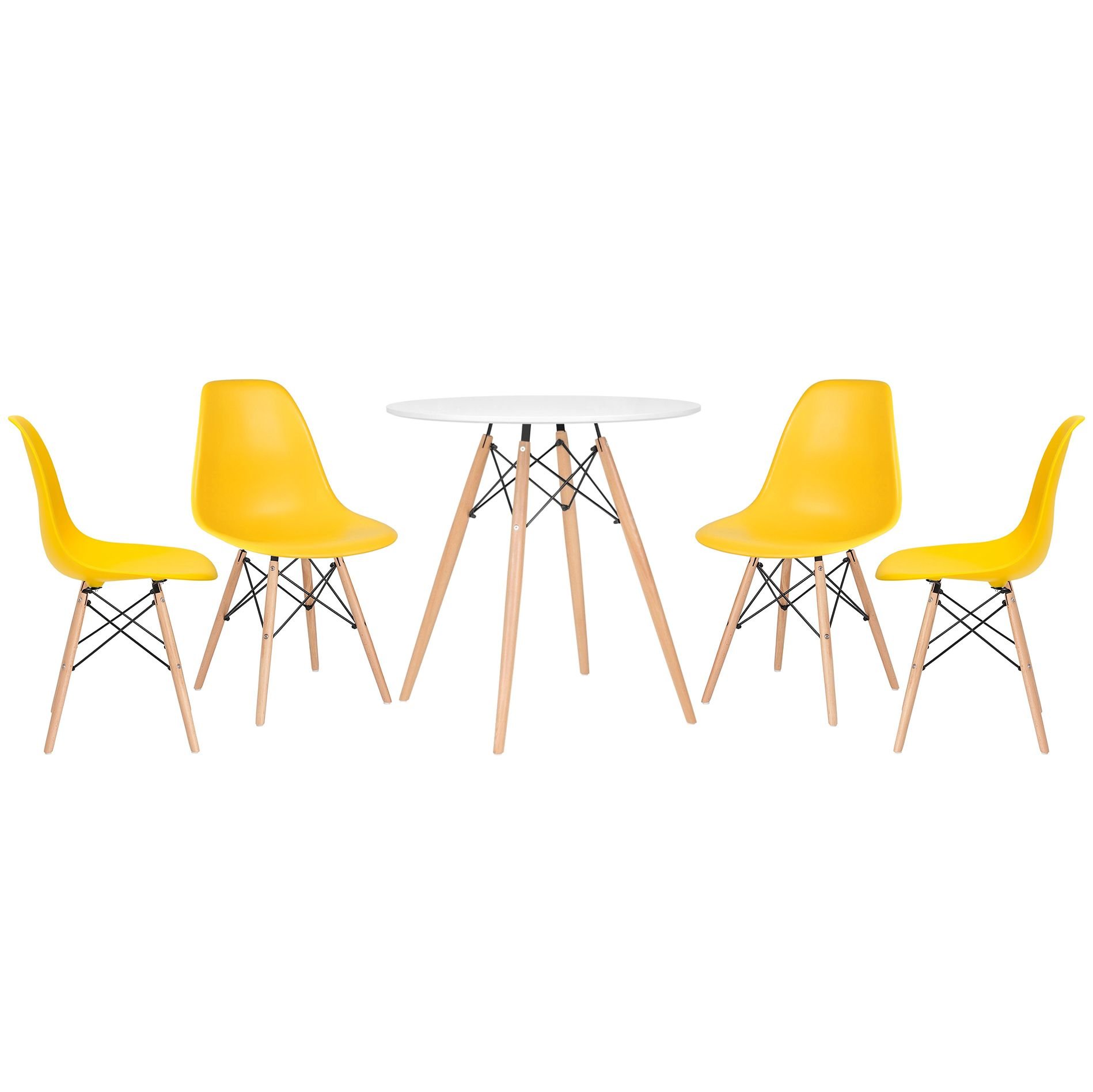 Mesa redonda Eames 70 cm + 4 cadeiras Eiffel DSW Mesa branco com cadeiras amarelo