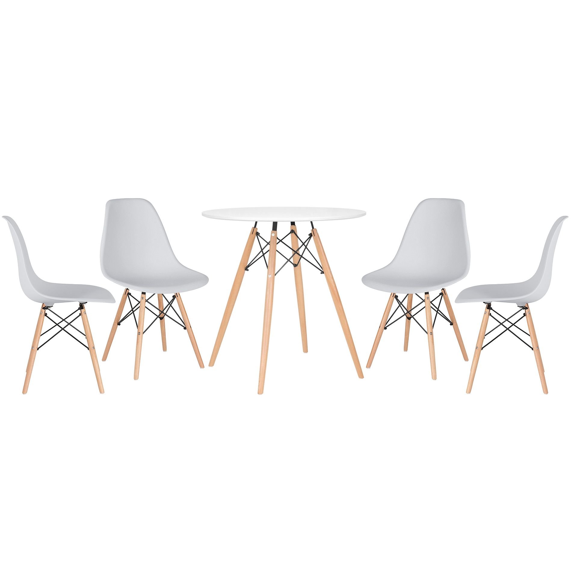 Mesa redonda Eames 70 cm + 4 cadeiras Eiffel DSW Mesa branco com cadeiras cinza claro