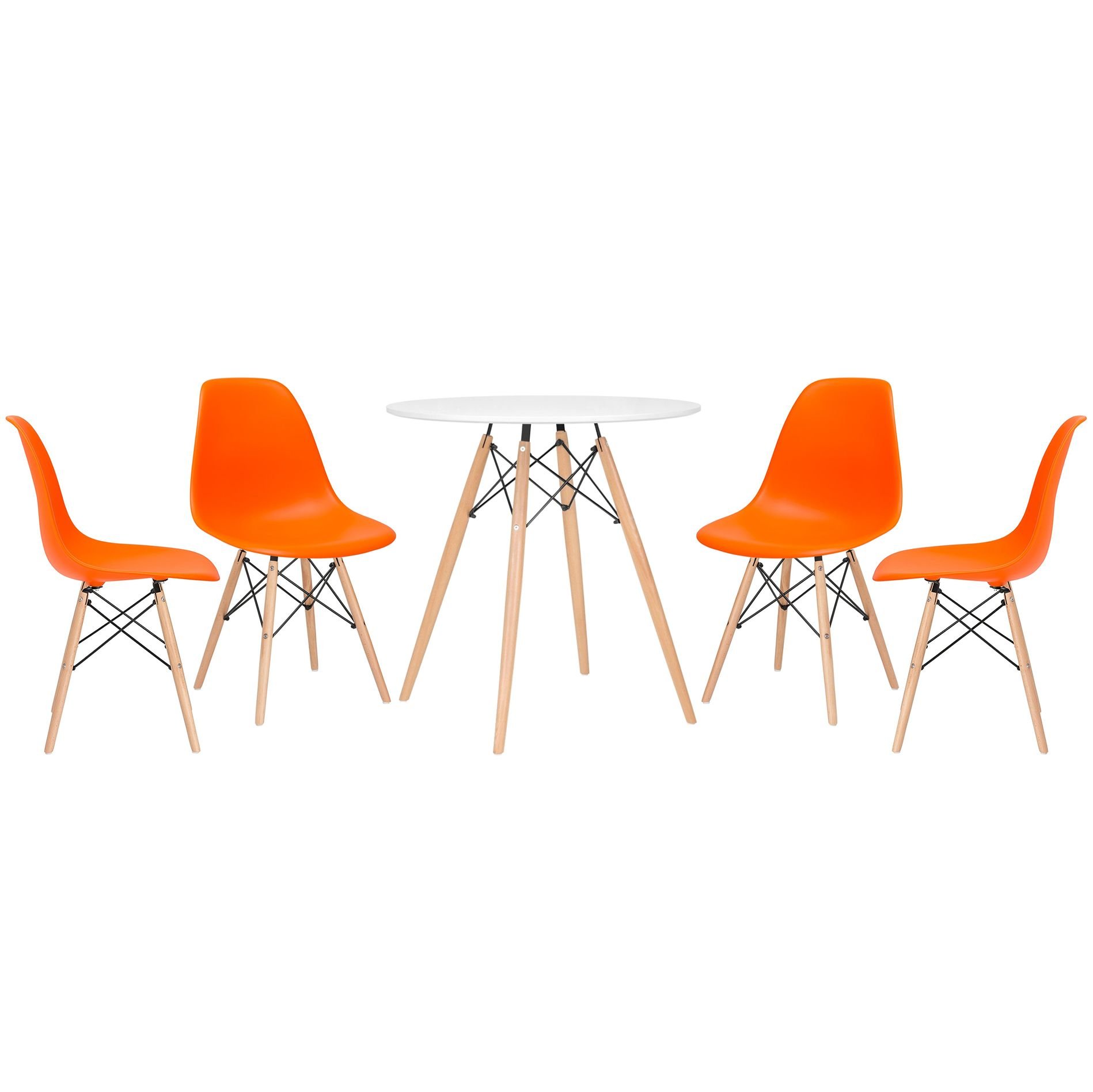 Mesa redonda Eames 70 cm + 4 cadeiras Eiffel DSW Mesa branco com cadeiras laranja