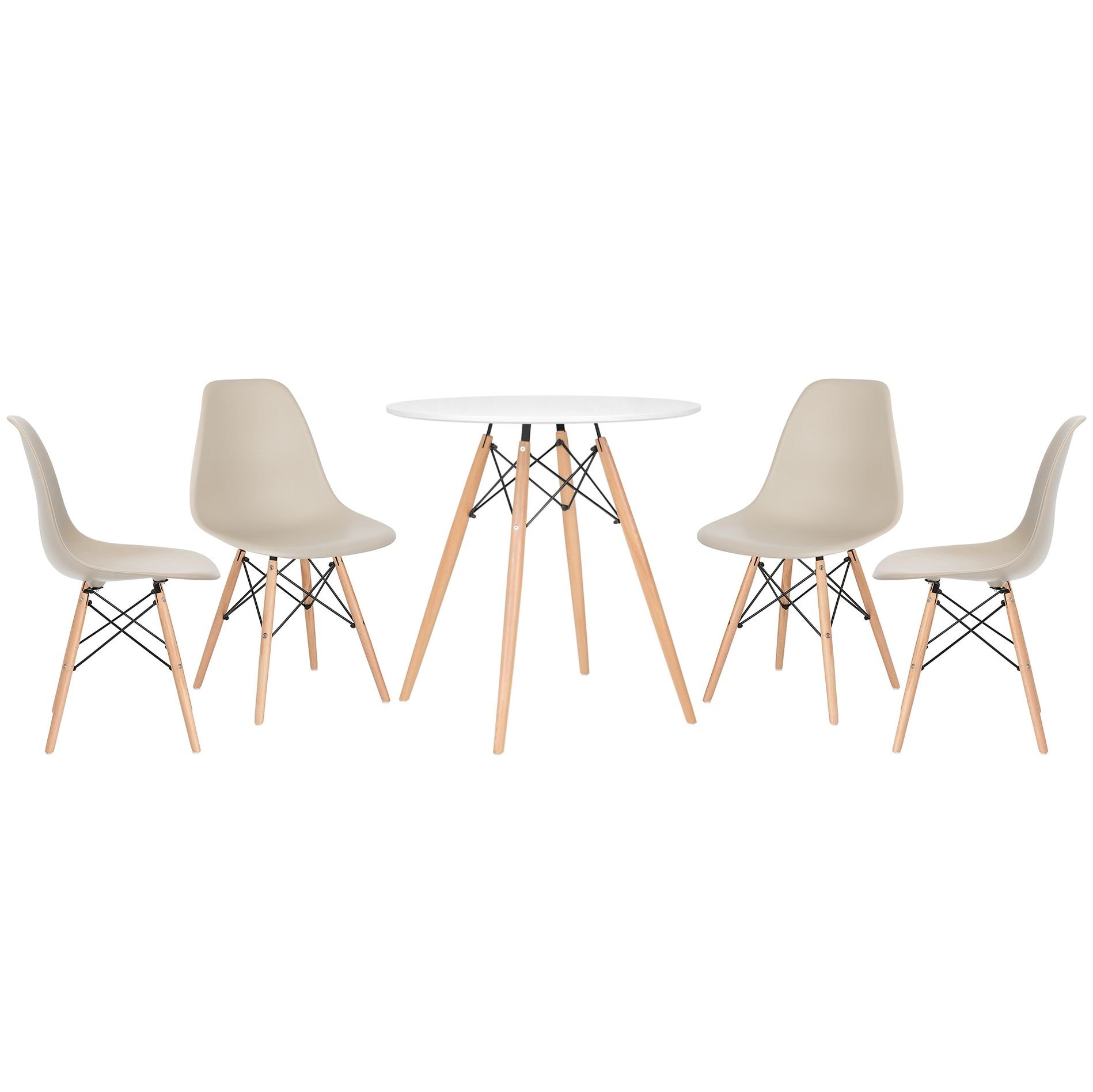 Mesa redonda Eames 70 cm + 4 cadeiras Eiffel DSW Mesa branco com cadeiras nude