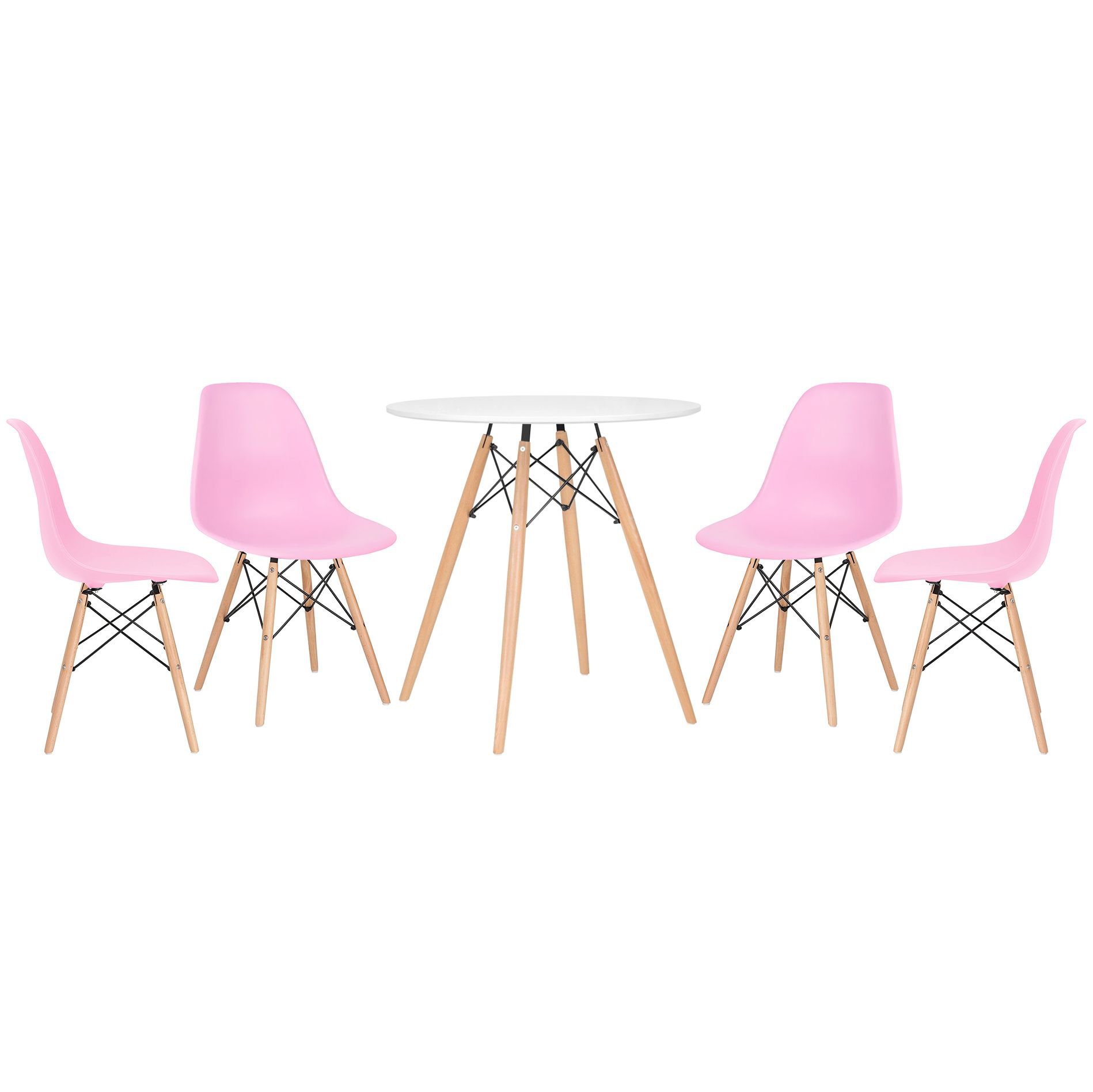 Mesa redonda Eames 70 cm + 4 cadeiras Eiffel DSW Mesa branco com cadeiras rosa claro