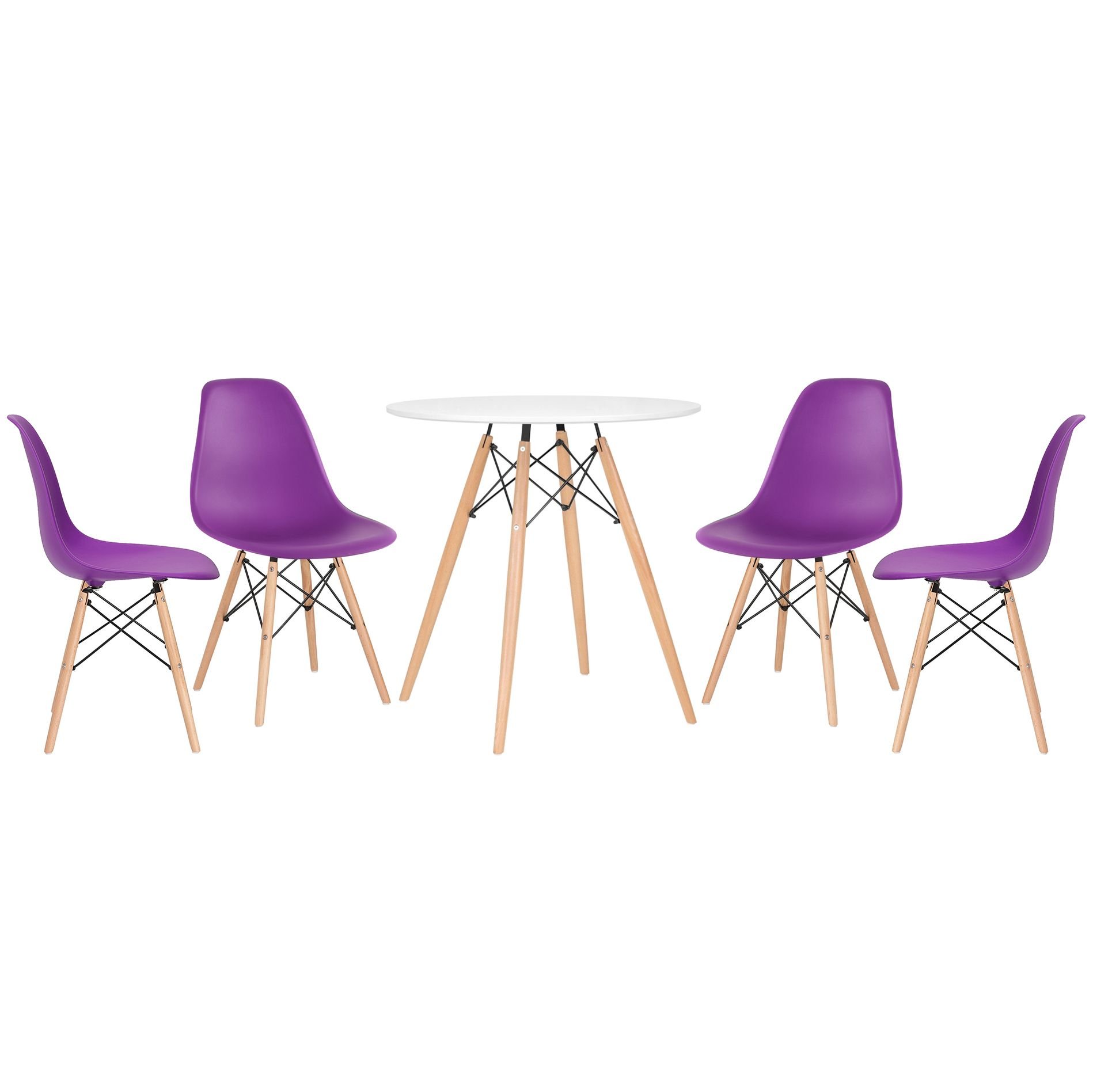 Mesa redonda Eames 70 cm + 4 cadeiras Eiffel DSW Mesa branco com cadeiras roxo