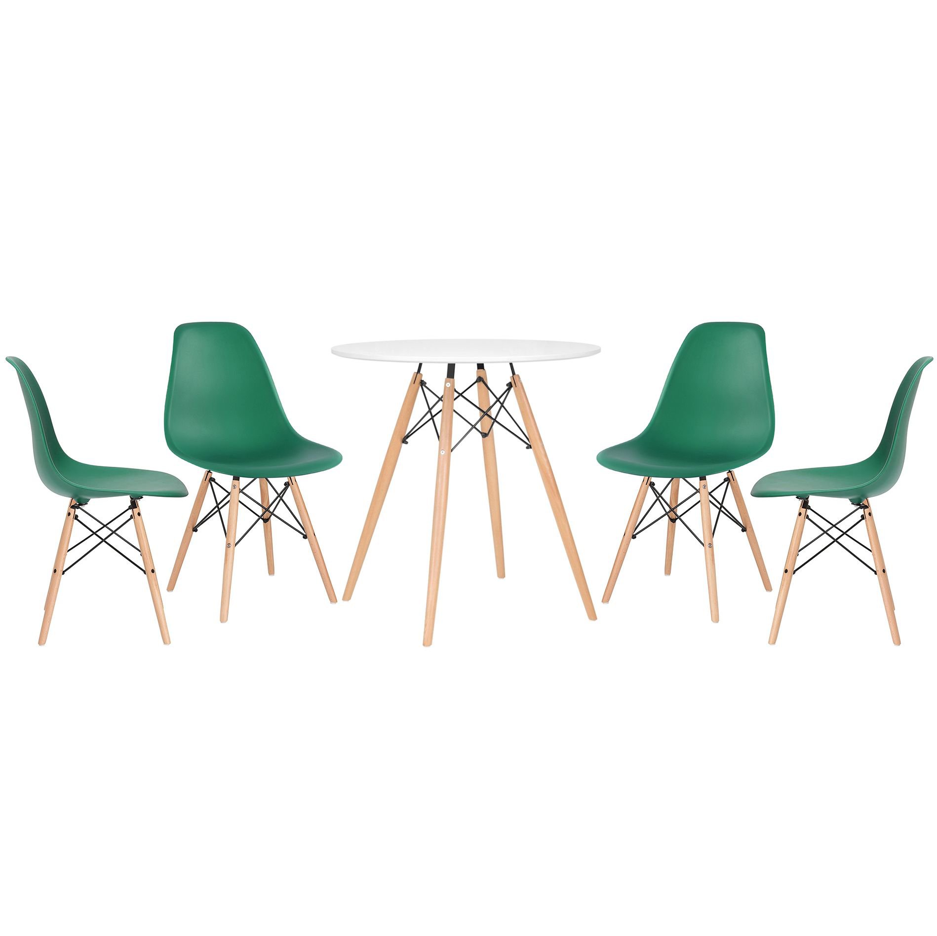 Mesa redonda Eames 70 cm + 4 cadeiras Eiffel DSW Mesa branco com cadeiras verde escuro