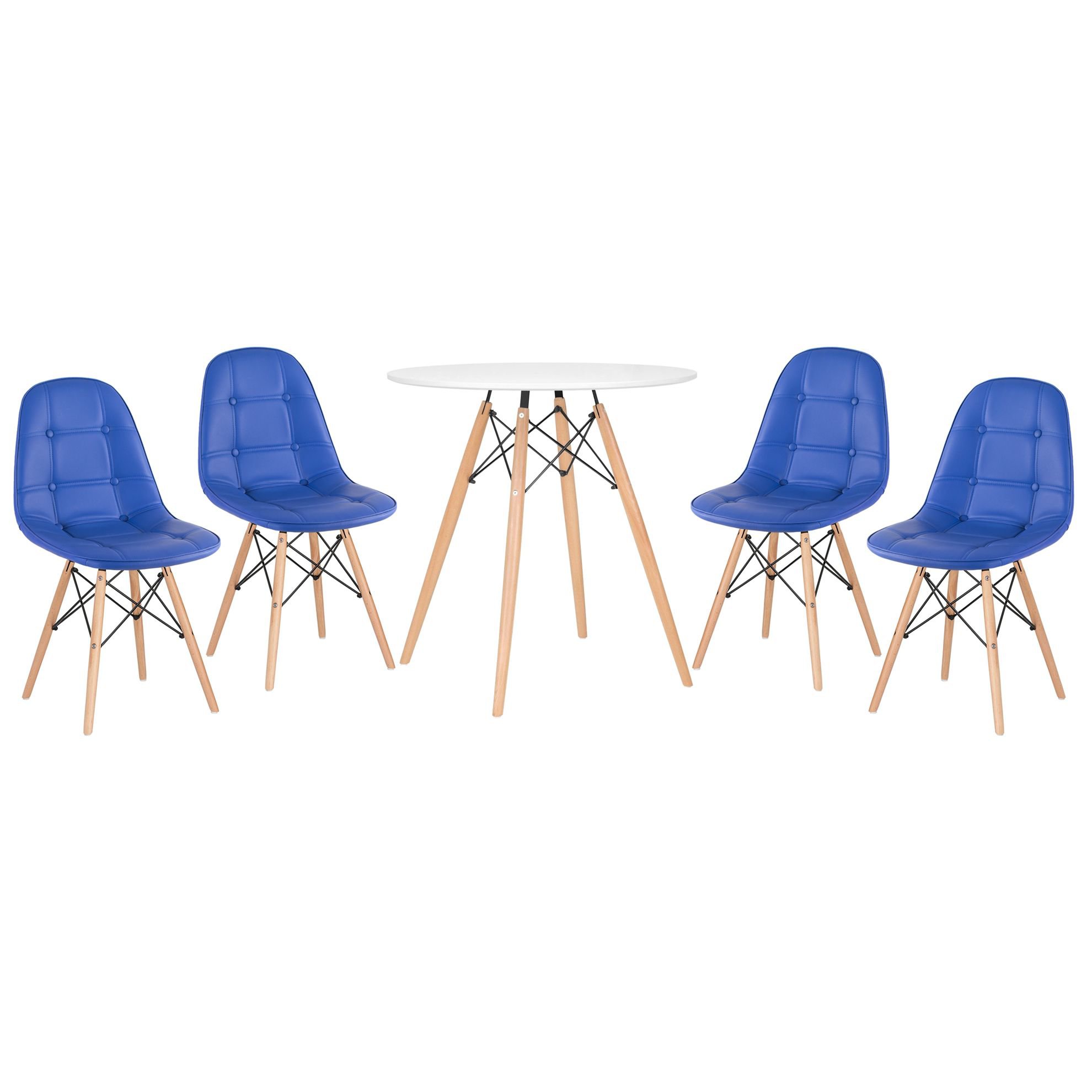 Mesa redonda Eames 70 cm + 4 cadeiras estofadas Eiffel Botonê Mesa branco com cadeiras azul
