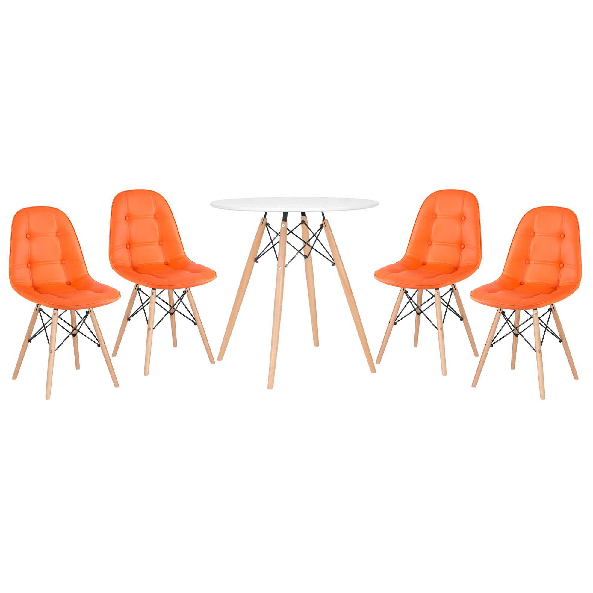Mesa redonda Eames 70 cm + 4 cadeiras estofadas Eiffel Botonê Mesa branco com cadeiras laranja