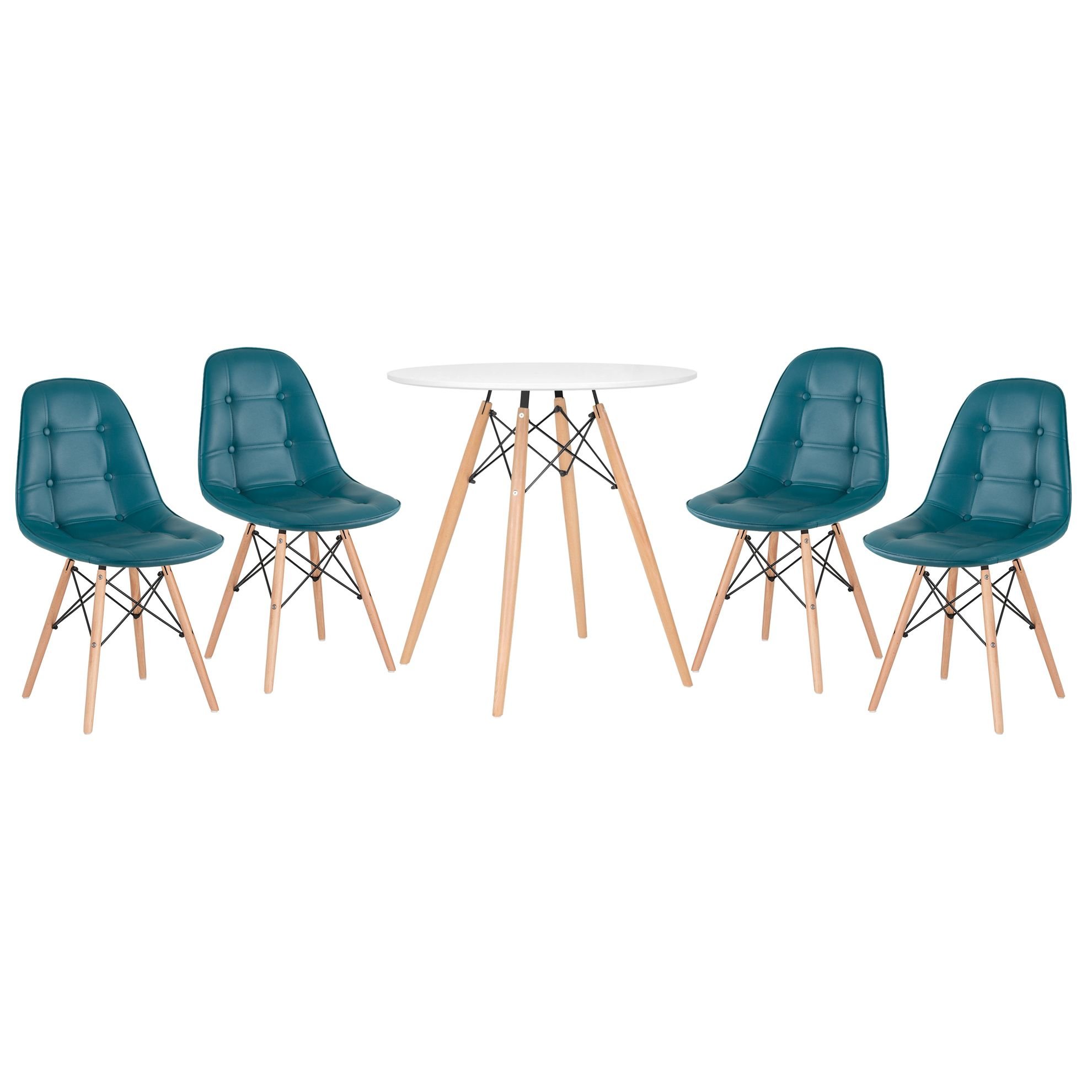 Mesa redonda Eames 70 cm + 4 cadeiras estofadas Eiffel Botonê Mesa branco com cadeiras turquesa