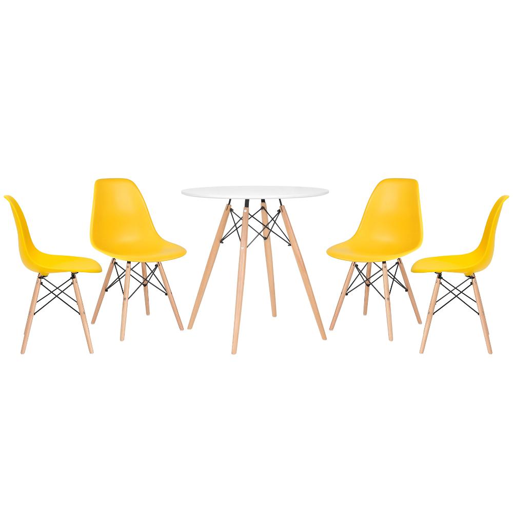 Mesa redonda Eames 70 cm branco + 4 cadeiras Eiffel DSW Amarelo