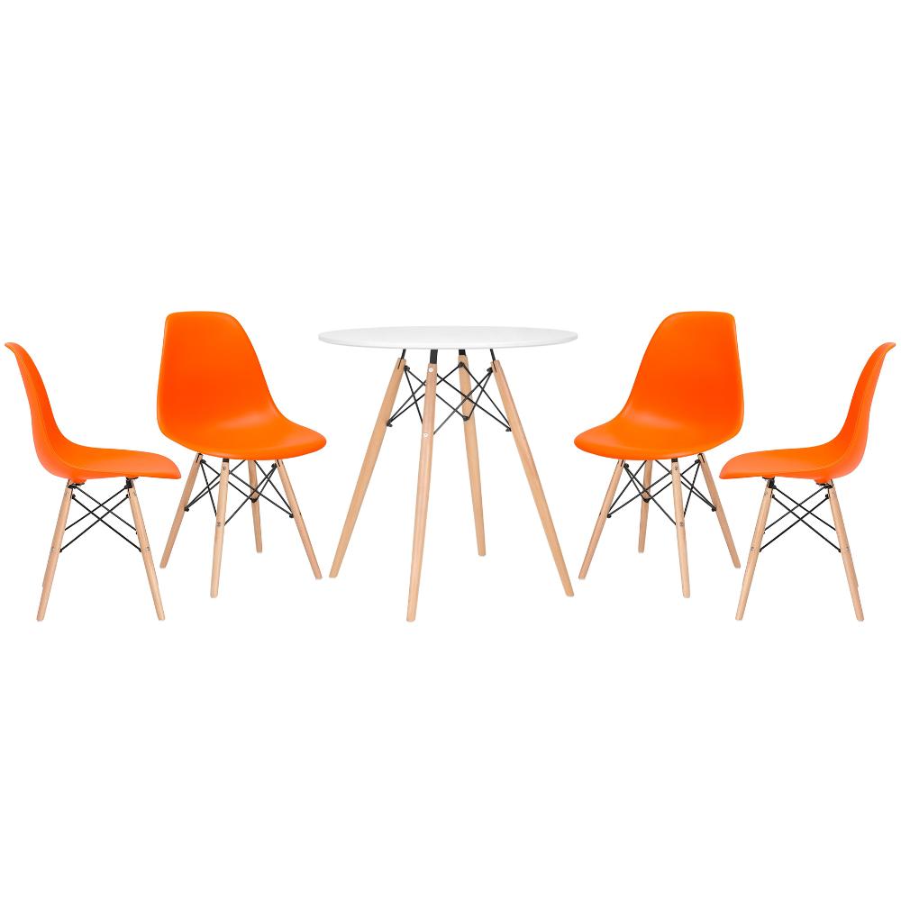 Mesa redonda Eames 70 cm branco + 4 cadeiras Eiffel DSW Laranja