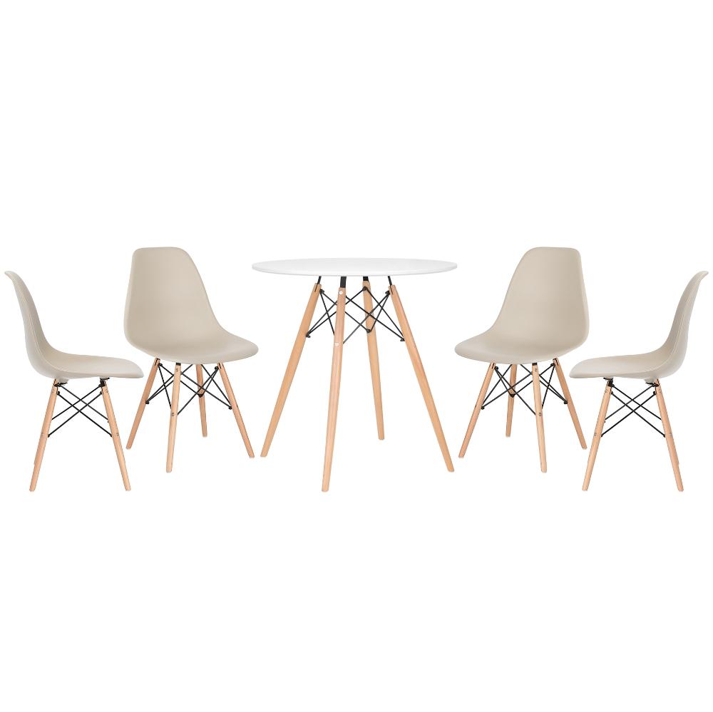 Mesa redonda Eames 70 cm branco + 4 cadeiras Eiffel DSW Nude