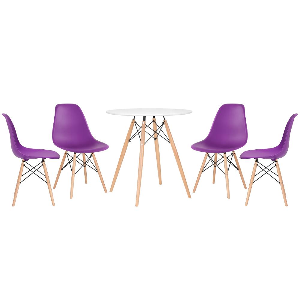 Mesa redonda Eames 70 cm branco + 4 cadeiras Eiffel DSW Roxo