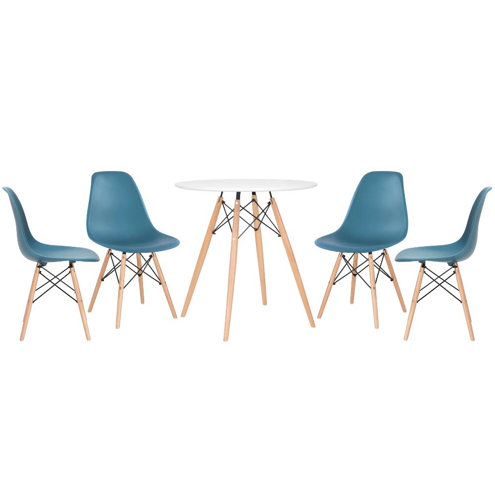 Mesa redonda Eames 70 cm branco + 4 cadeiras Eiffel DSW Turquesa