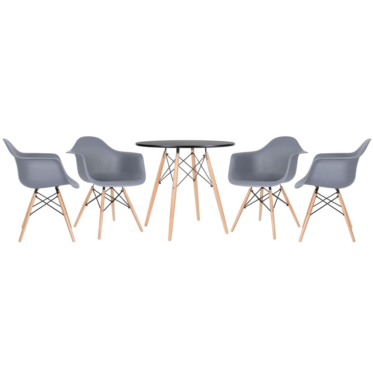 Mesa redonda Eames 80 cm + 4 cadeiras Eiffel DAW Mesa preto com cadeiras cinza escuro