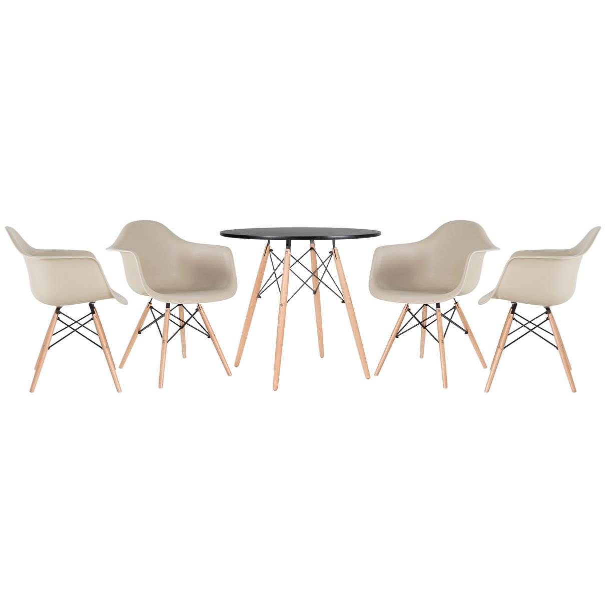 Mesa redonda Eames 80 cm + 4 cadeiras Eiffel DAW Mesa preto com cadeiras nude