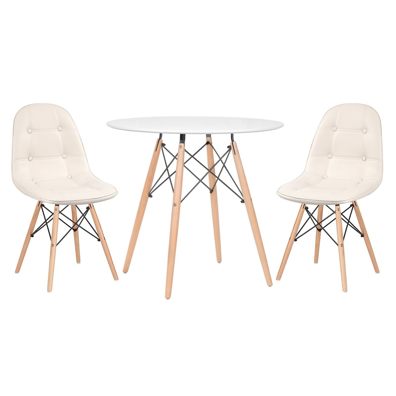 Mesa redonda Eames 80 cm branco + 2 cadeiras estofadas Eiffel Botonê Creme