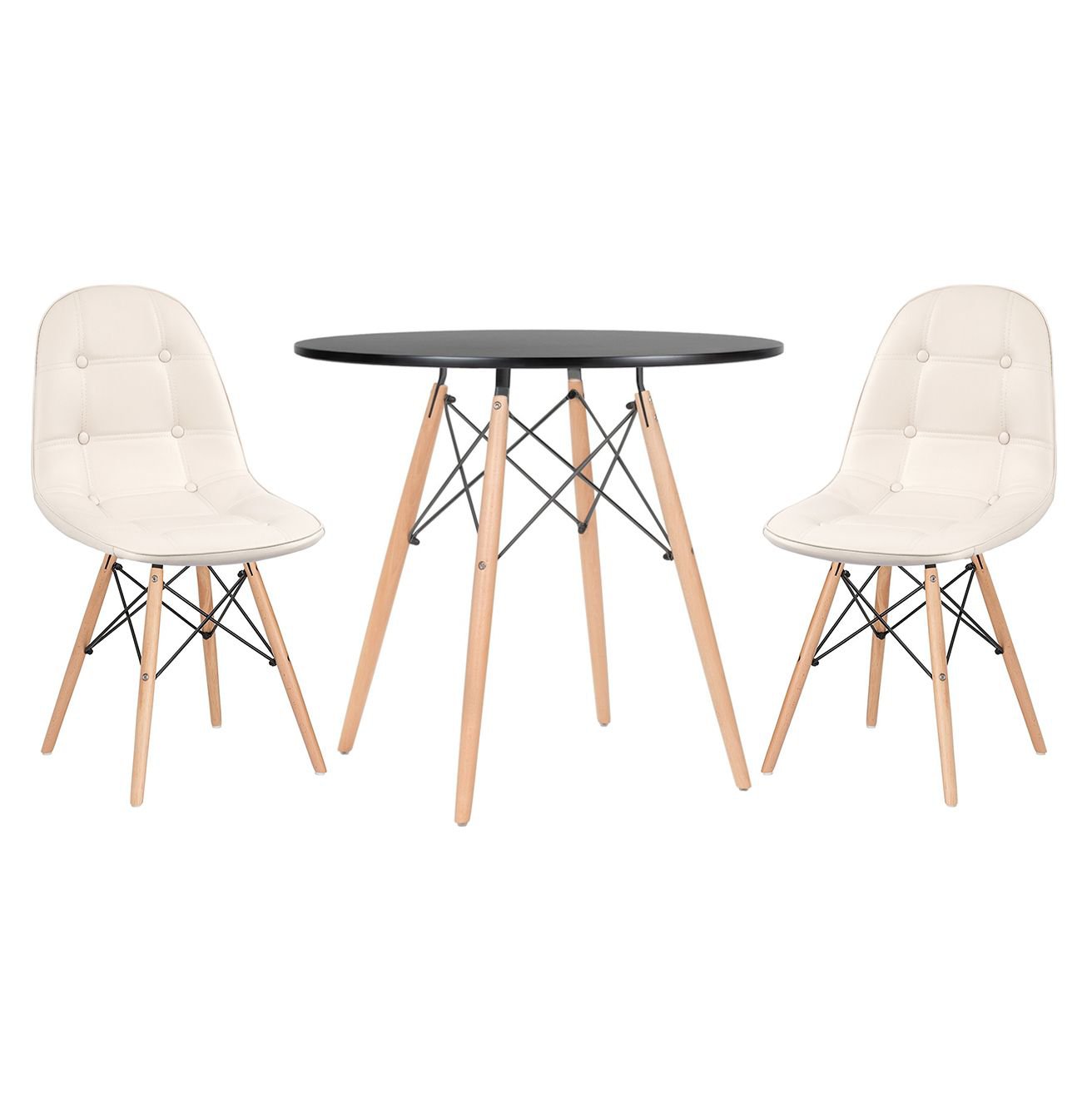 Mesa redonda Eames 80 cm preto + 2 cadeiras estofadas Eiffel Botonê Creme