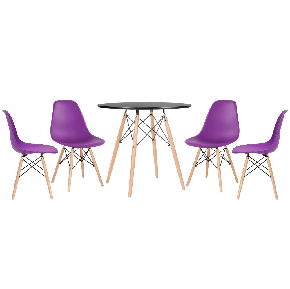 Mesa redonda Eames 80 cm preto + 4 cadeiras Eiffel DSW Roxo