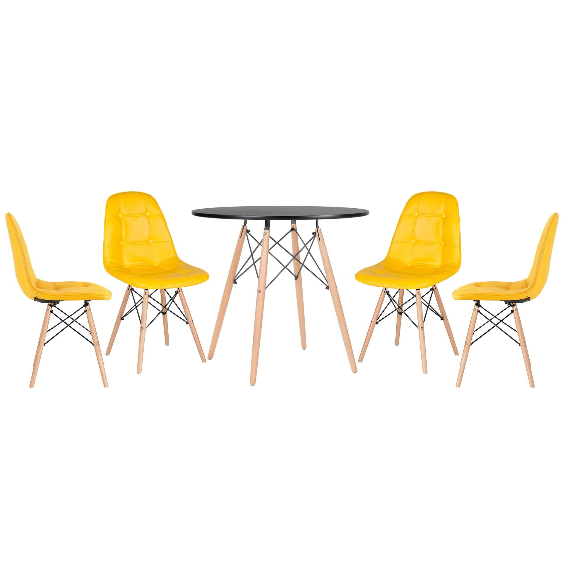 Mesa redonda Eames 80 cm preto + 4 cadeiras estofadas Eiffel Botonê Amarelo