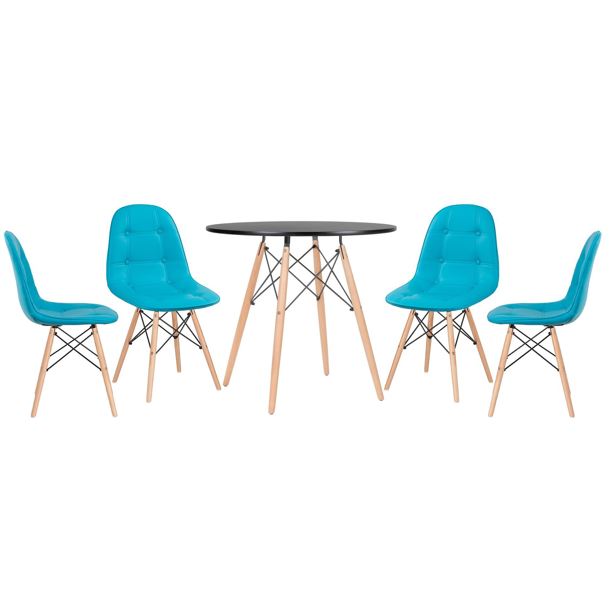 Mesa redonda Eames 80 cm preto + 4 cadeiras estofadas Eiffel Botonê Azul Tiffany
