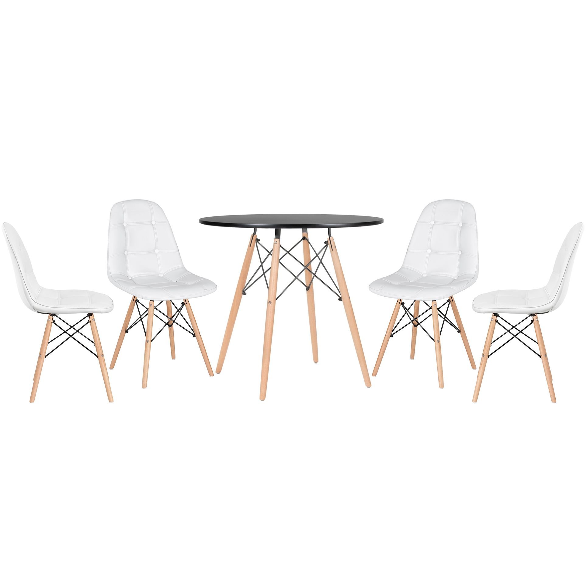 Mesa redonda Eames 80 cm preto + 4 cadeiras estofadas Eiffel Botonê Branco