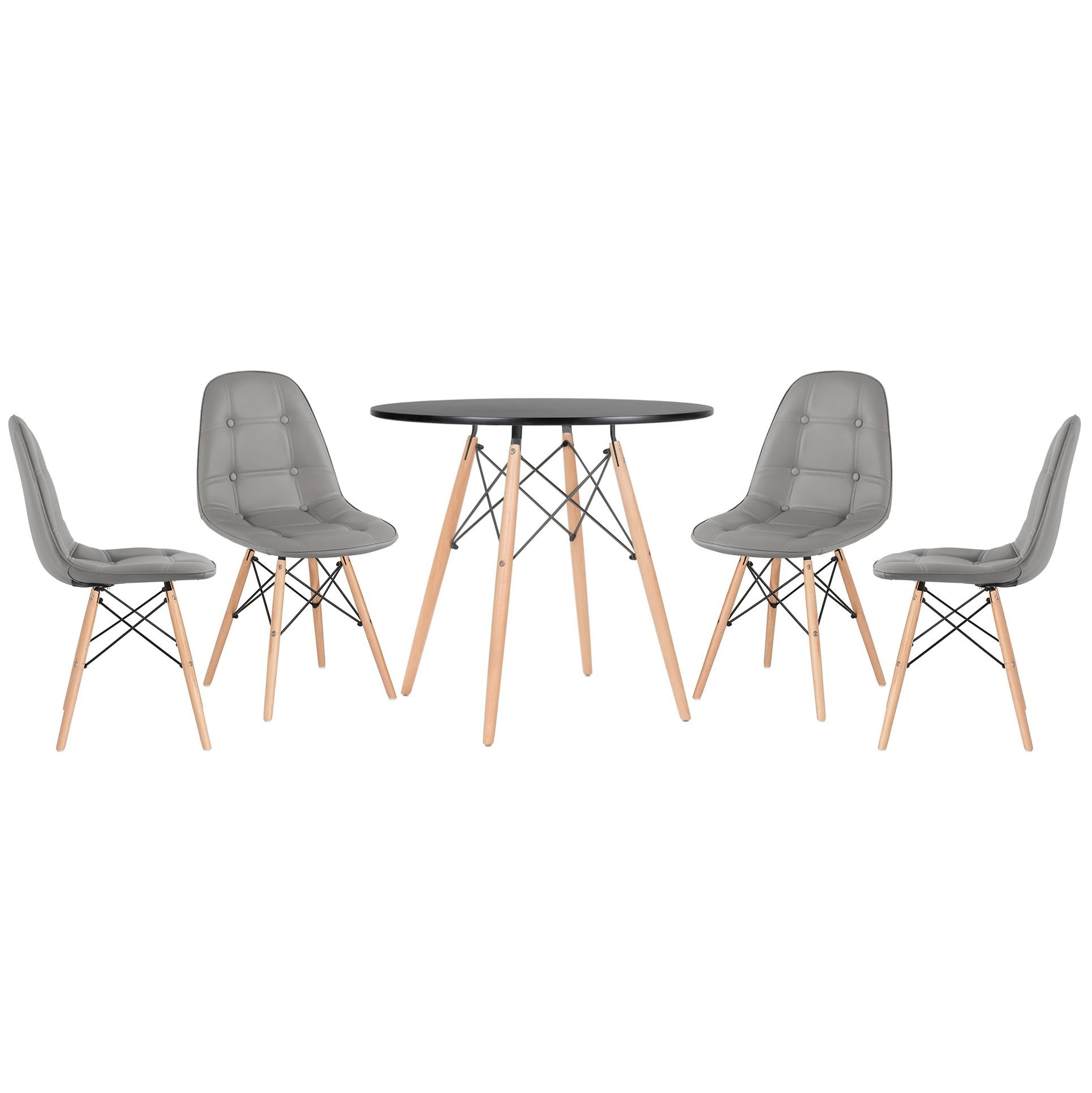 Mesa redonda Eames 80 cm preto + 4 cadeiras estofadas Eiffel Botonê Cinza escuro
