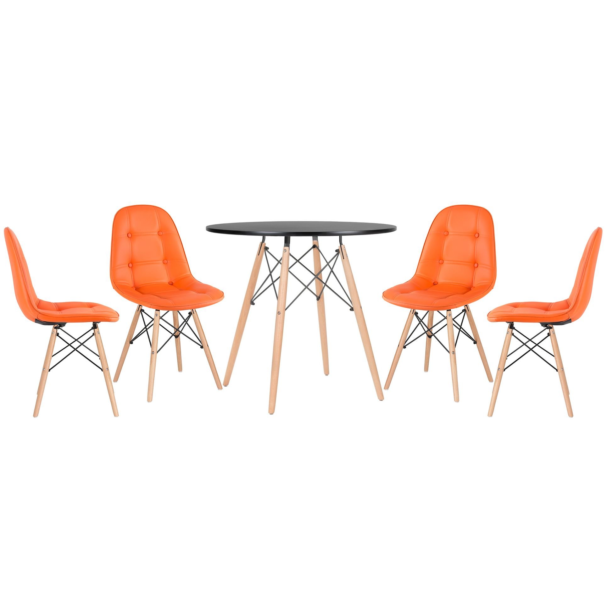 Mesa redonda Eames 80 cm preto + 4 cadeiras estofadas Eiffel Botonê Laranja