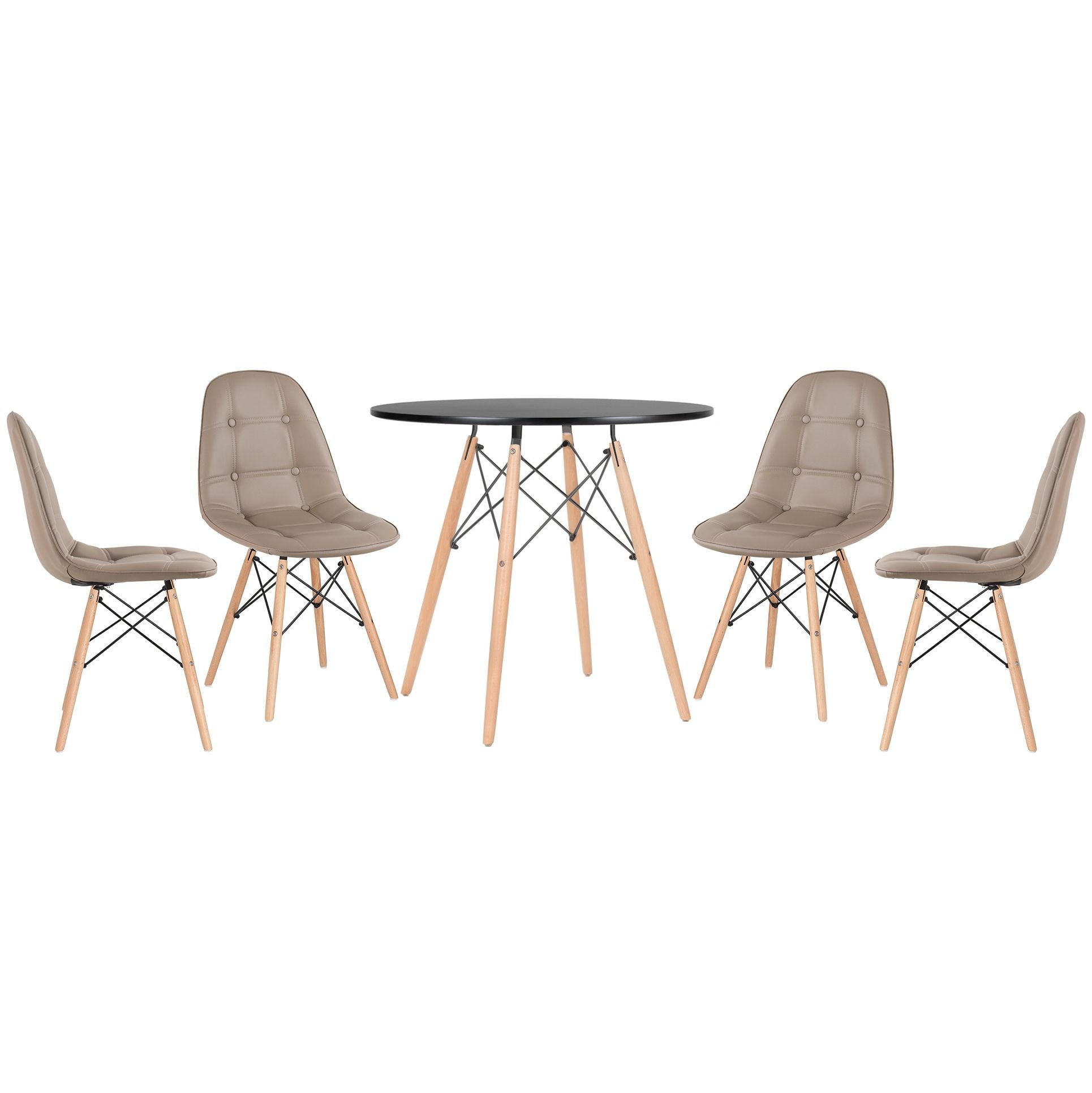 Mesa redonda Eames 80 cm preto + 4 cadeiras estofadas Eiffel Botonê Nude