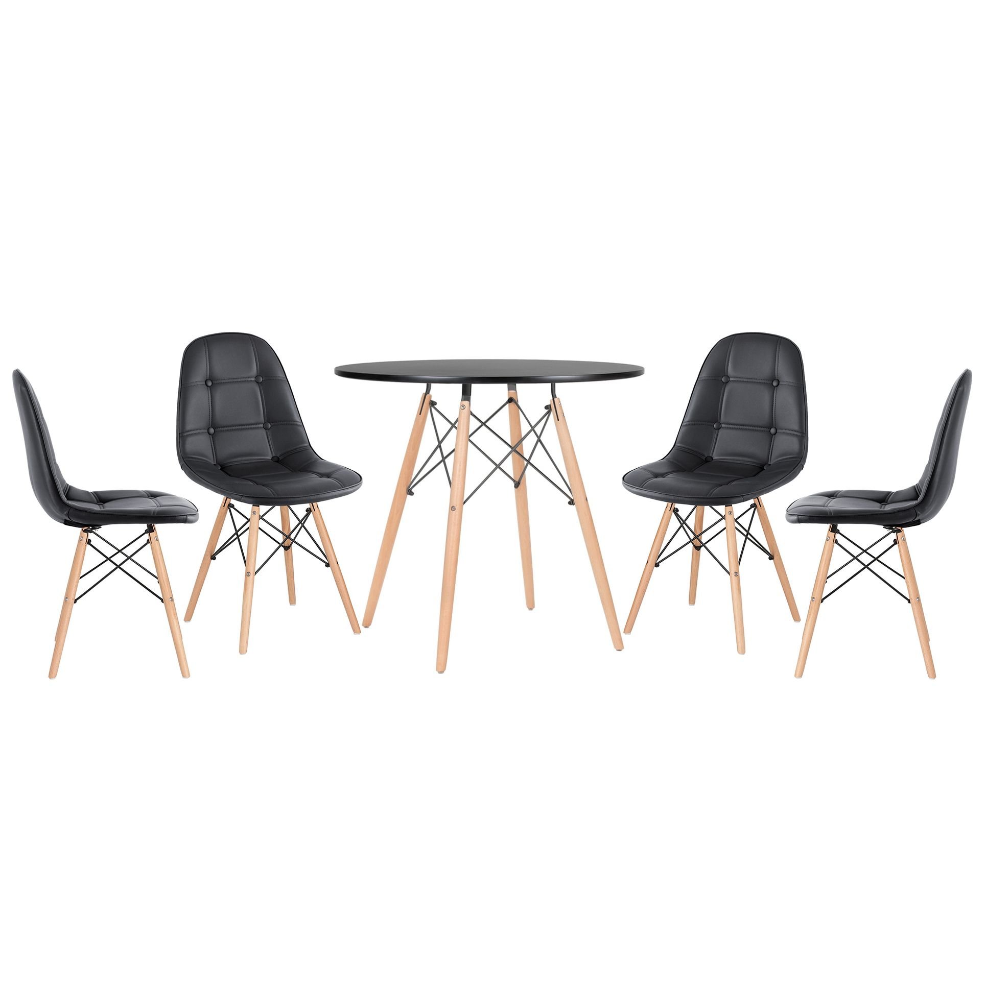 Mesa redonda Eames 80 cm preto + 4 cadeiras estofadas Eiffel Botonê Preto