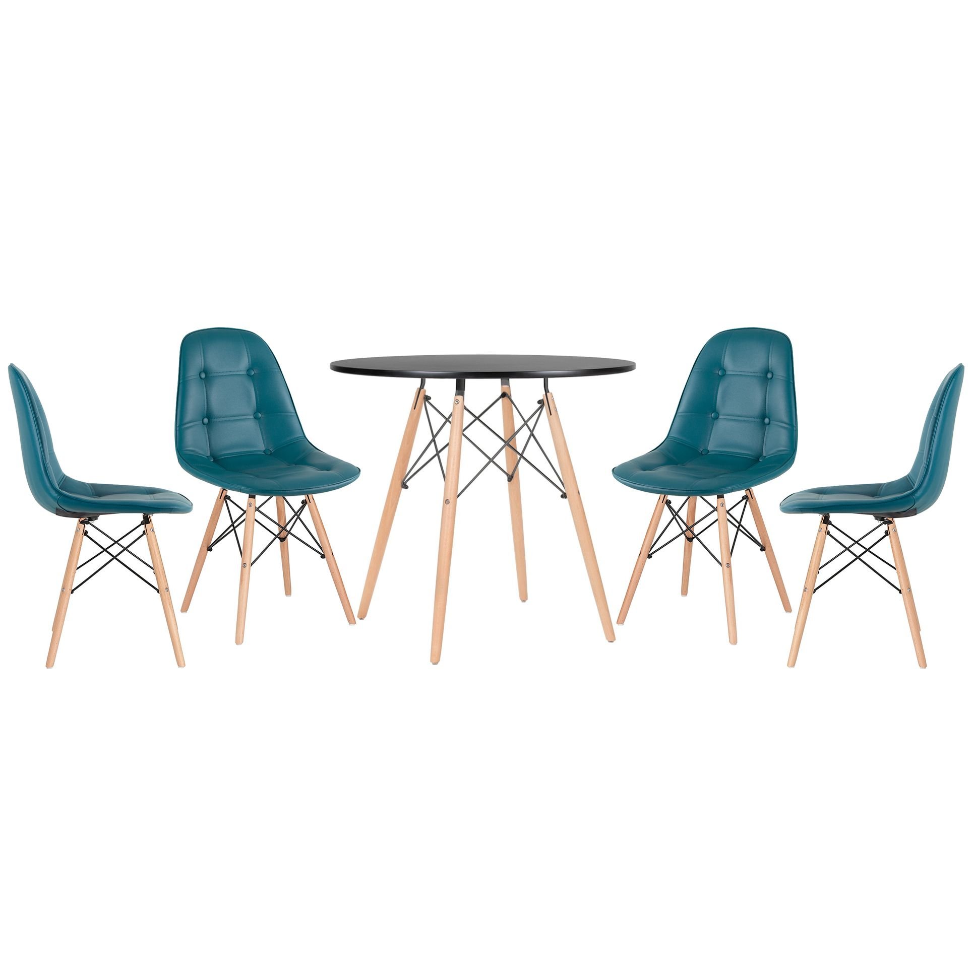 Mesa redonda Eames 80 cm preto + 4 cadeiras estofadas Eiffel Botonê Turquesa