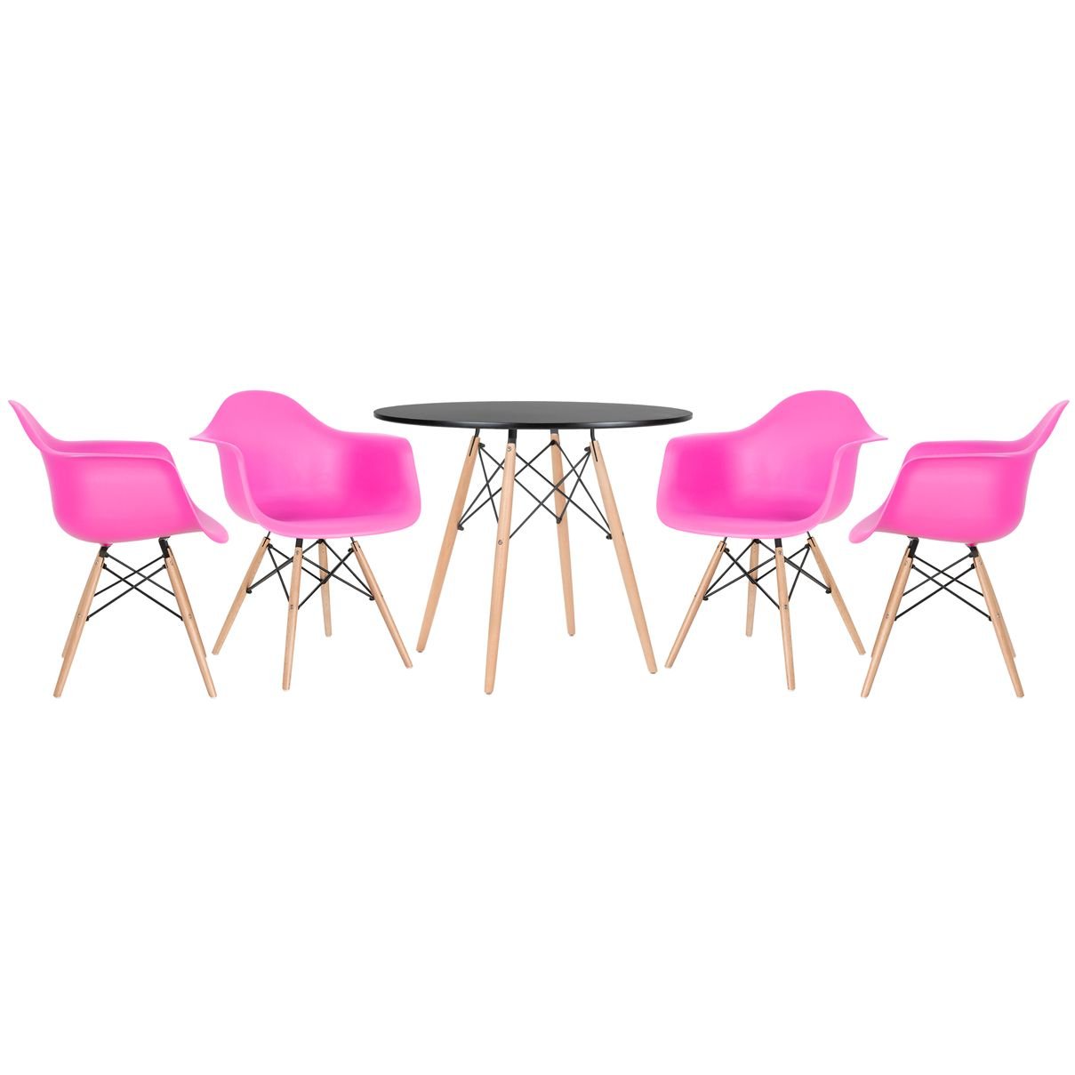 Mesa redonda Eames 90 cm + 4 cadeiras Eiffel DAW Mesa preto com cadeiras rosa pink
