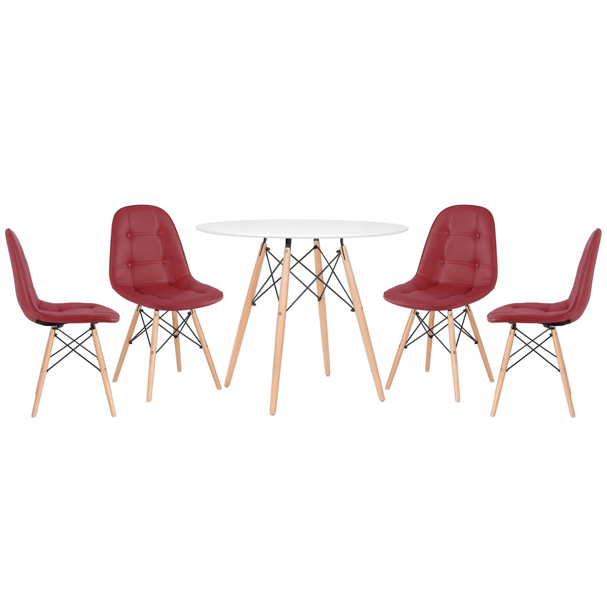 Mesa redonda Eames 90 cm branco + 4 cadeiras estofadas Eiffel Botonê Vinho