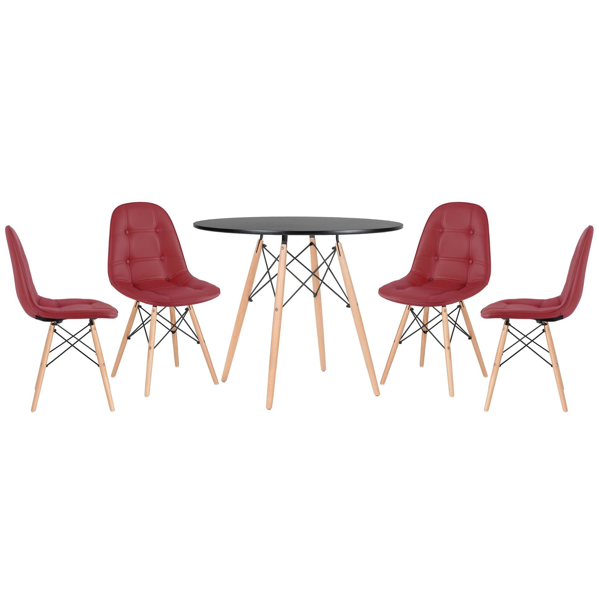 Mesa redonda Eames 90 cm preto + 4 cadeiras estofadas Eiffel Botonê Vinho